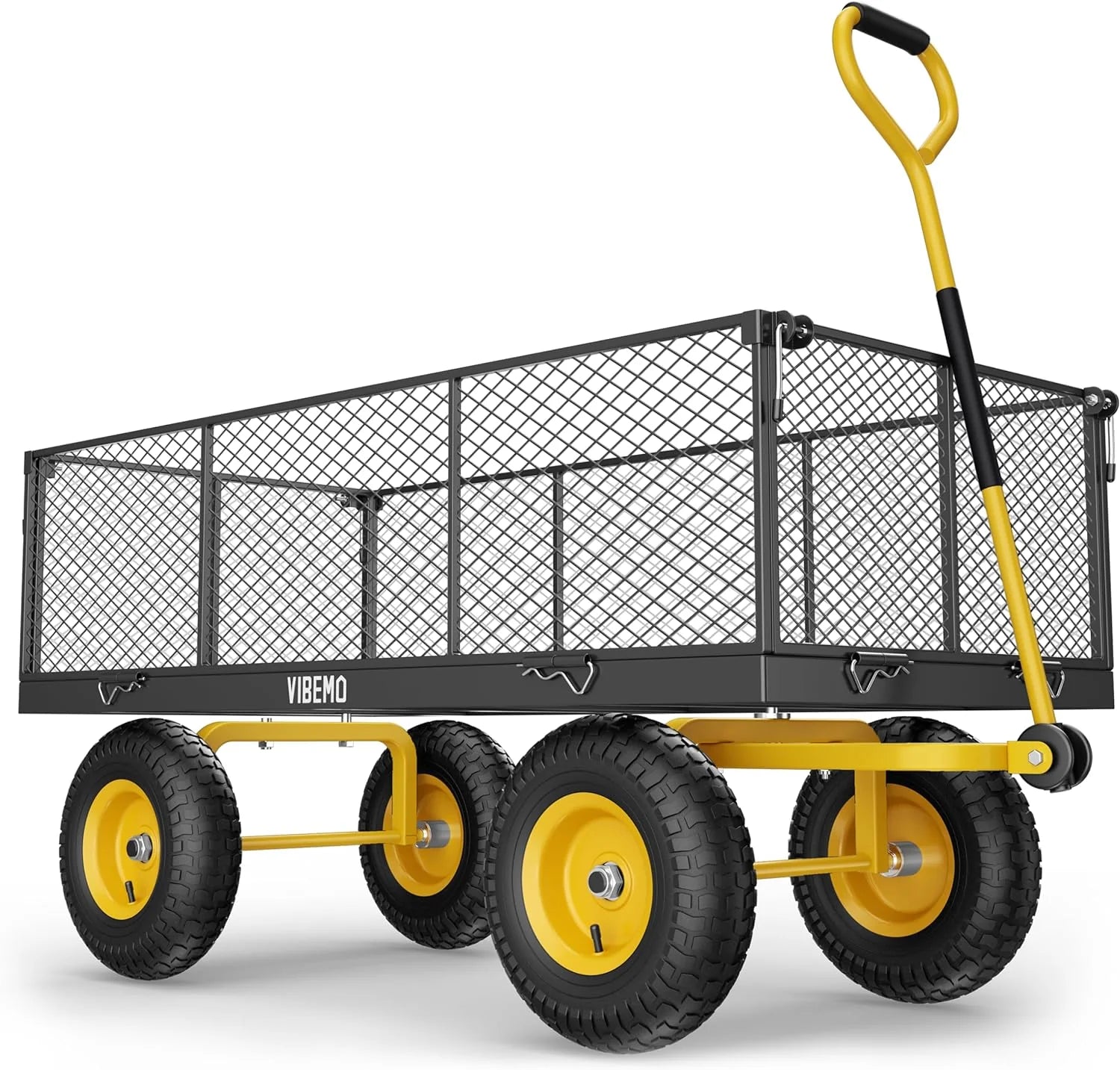 Steel Garden Cart 2-in-1 1400 lbs Heavy Duty Utility Wagon with Removable Mesh Sides to Convert into Flatbed 240?? U-Turn 13" Pneumatic Tires Garden Wagon for Farm Yard Lawn Garden Camping