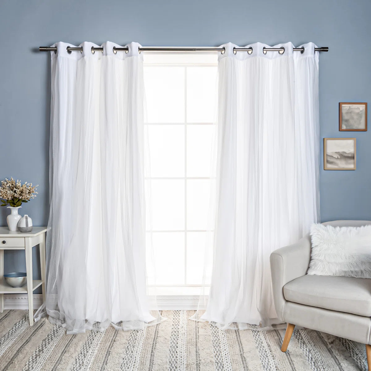 Fortuna Brockham Solid Tulle Overlay Room Darkening Grommet Curtain Panels (Set of 2)