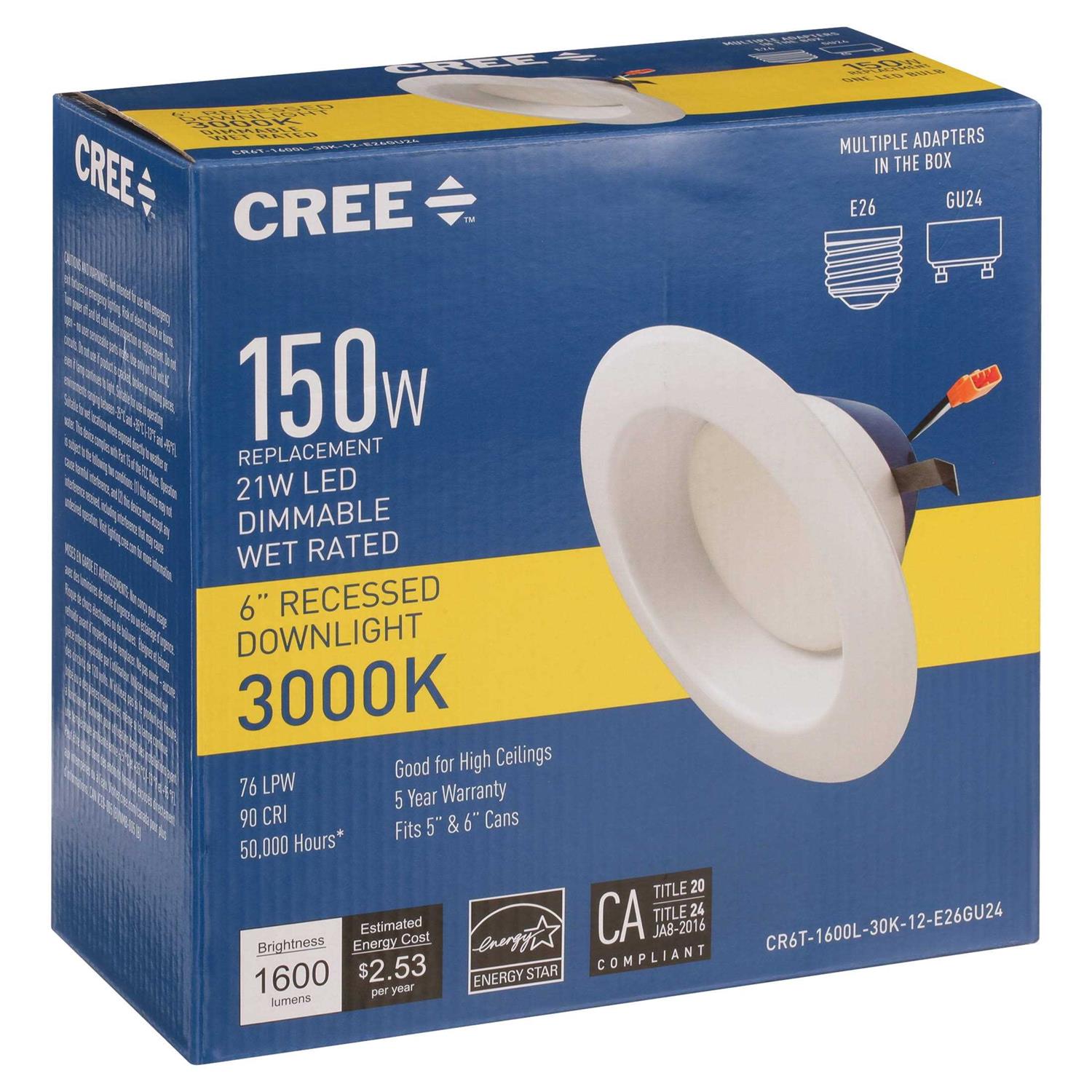 Cree Lighting pro Series 6 inch LED Retrofit Downlight CR6T-1600L-30K-12-E26GU24