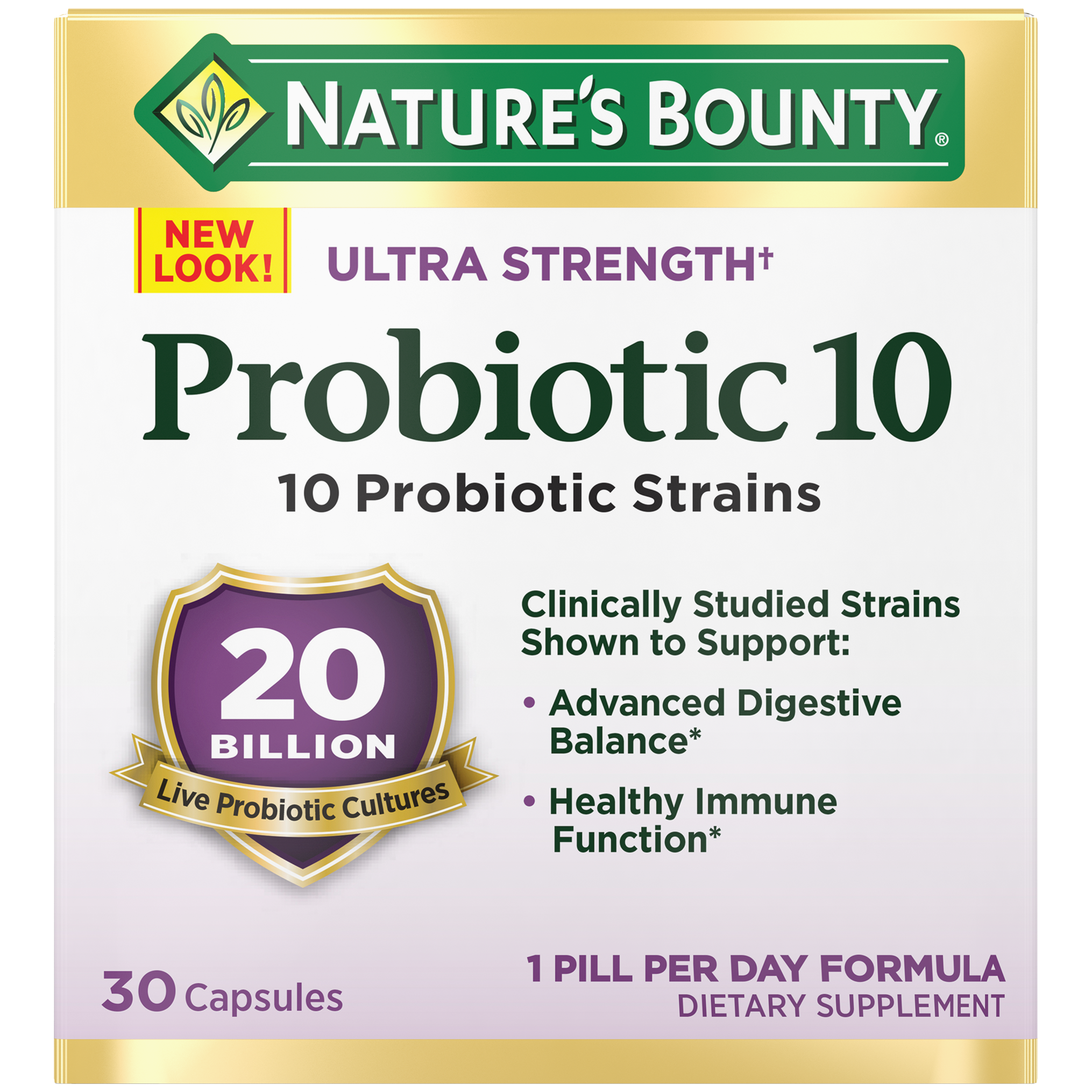 Nature's Bounty Probiotic 10, 20 Billion Live Probiotic Cultures, 30 Capsules