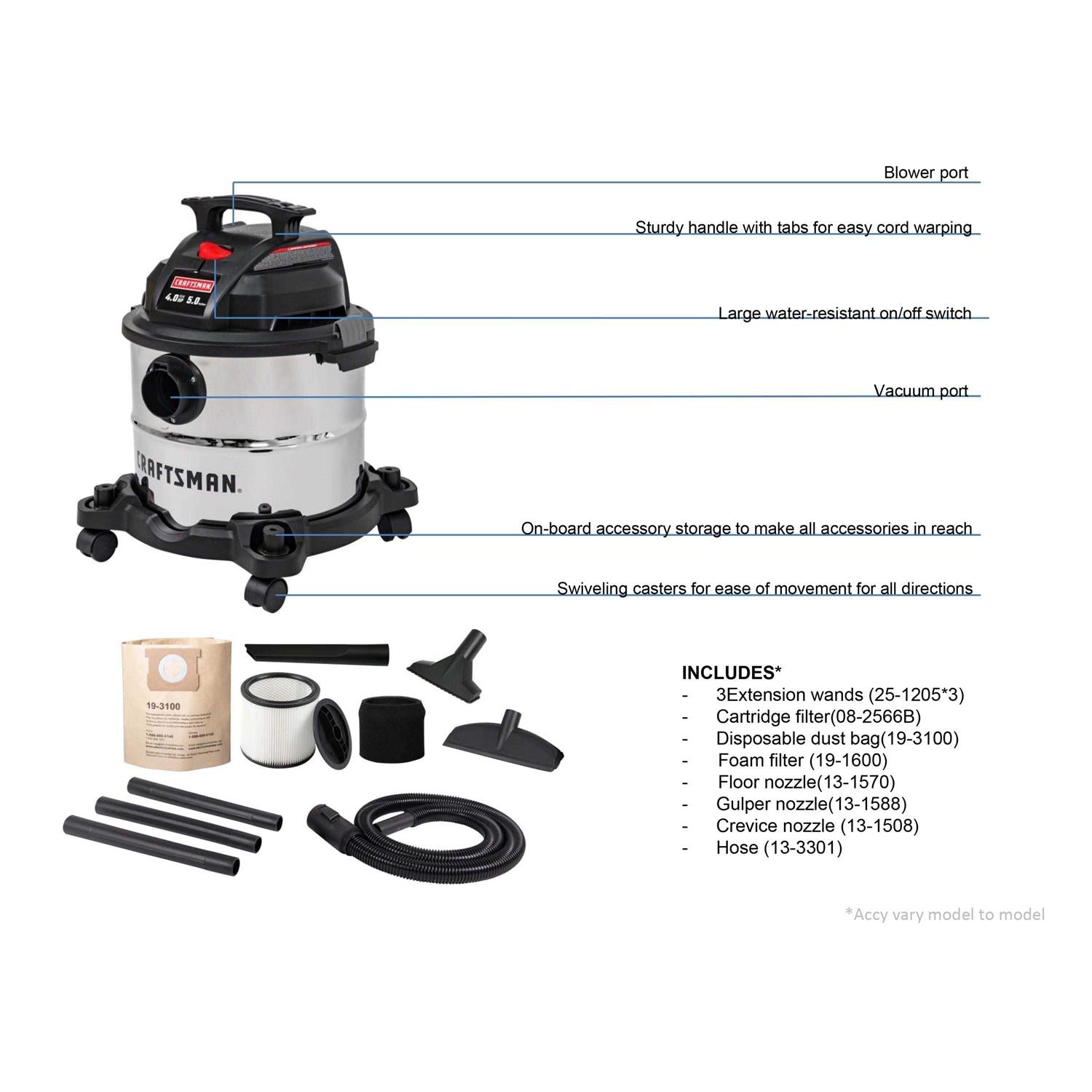CRAFTSMAN 5-Gallons 4-HP Corded Wet/Dry Shop Vacuum with Accessories Included