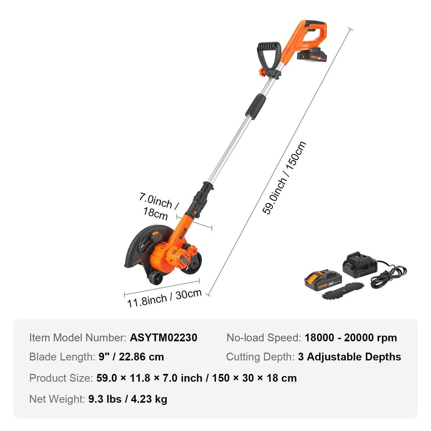 VEVOR Lawn Edger, 20 V Battery Powered Cordless Edger, 9-inch Blade Edger Lawn Tool with 3-Position Blade Depth, Battery and Charger Included