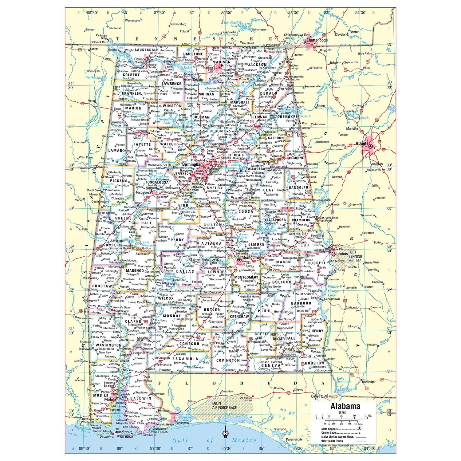 Cool Owl Maps Alabama State Wall Map Poster Rolled