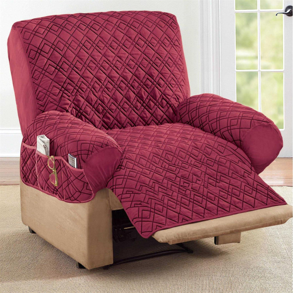 Collections Etc Diamond-Shape Quilted Stretch Recliner Cover with Storage Pockets and Elastic Straps