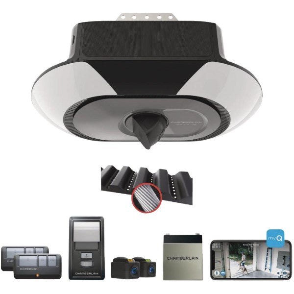 Chamberlain B6753T 1-1/4 HP myQ Secure View Smart Belt Drive Garage Door Opener with WiFi, LED Lights, Battery Backup and Camera