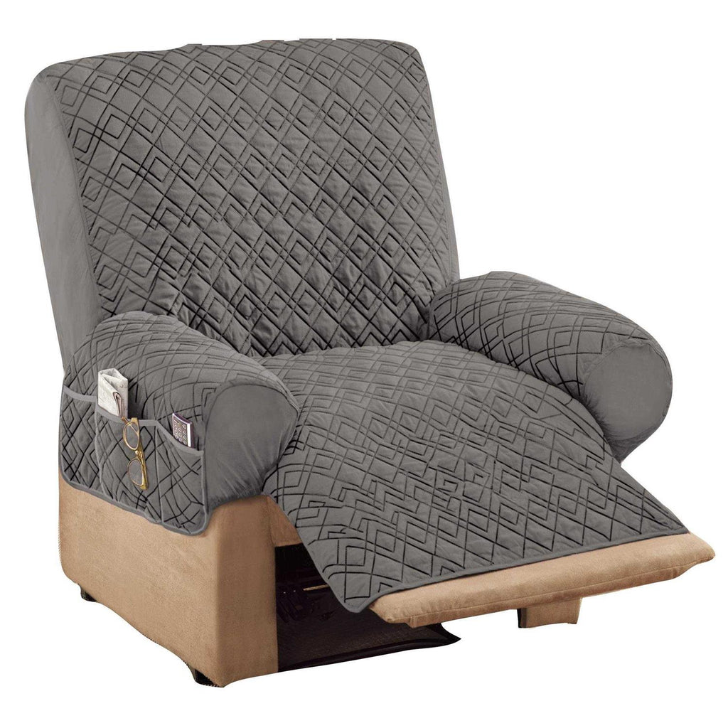 Collections Etc Diamond-Shape Quilted Stretch Recliner Cover with Storage Pockets and Elastic Straps