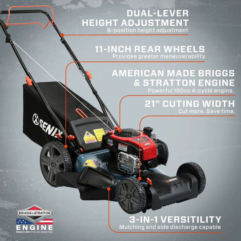 SENIX Self-Propelled Gas Lawn Mower, 21-Inch, 150 cc 4-Cycle Briggs & Stratton Engine, 3-In-1 Single Speed Lawnmower, 6-Position Height Adjustment with 11-Inch Rear Wheels, LSSG-M1, Blue