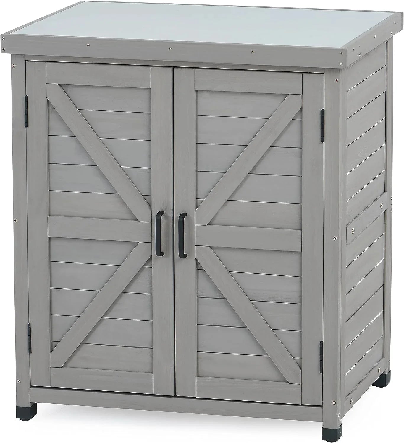 Potting Bench with Storage Cabinet and Metal Table Top for Outdoor Patio, Garden Furniture Wood Workstation