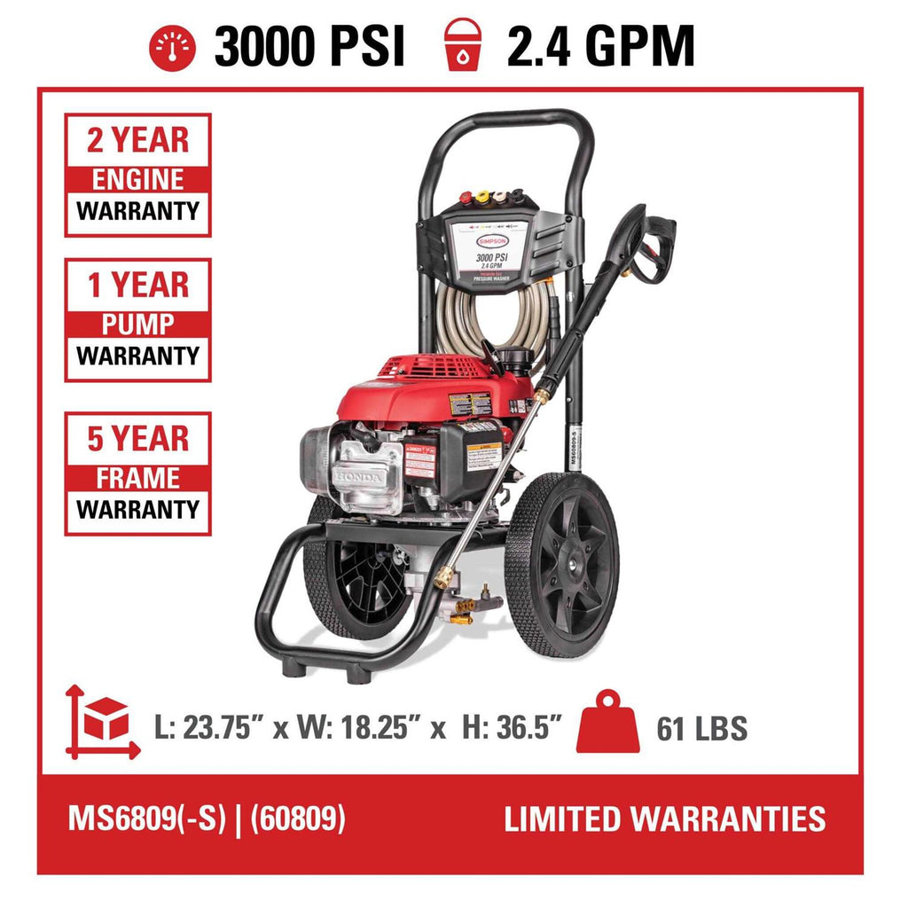 Simpson MegaShot MS60809 3000 PSI 2.4 GPM Honda GCV160 Gas Pressure Washer New MS60809-S