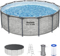 Steel Pro MAX 14 Foot x 48 Inch Round Metal Frame Above Ground Outdoor Swimming Pool Set with 1,000 Filter Pump, Ladder, and Cover, Gray