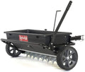 100 lb (approx. 45 kg) trailed lawn and garden spreader/seeder/fertilizer spreader for seeds, fertilizer, salt, road salt; designed to be pulled behind lawn and garden tractors