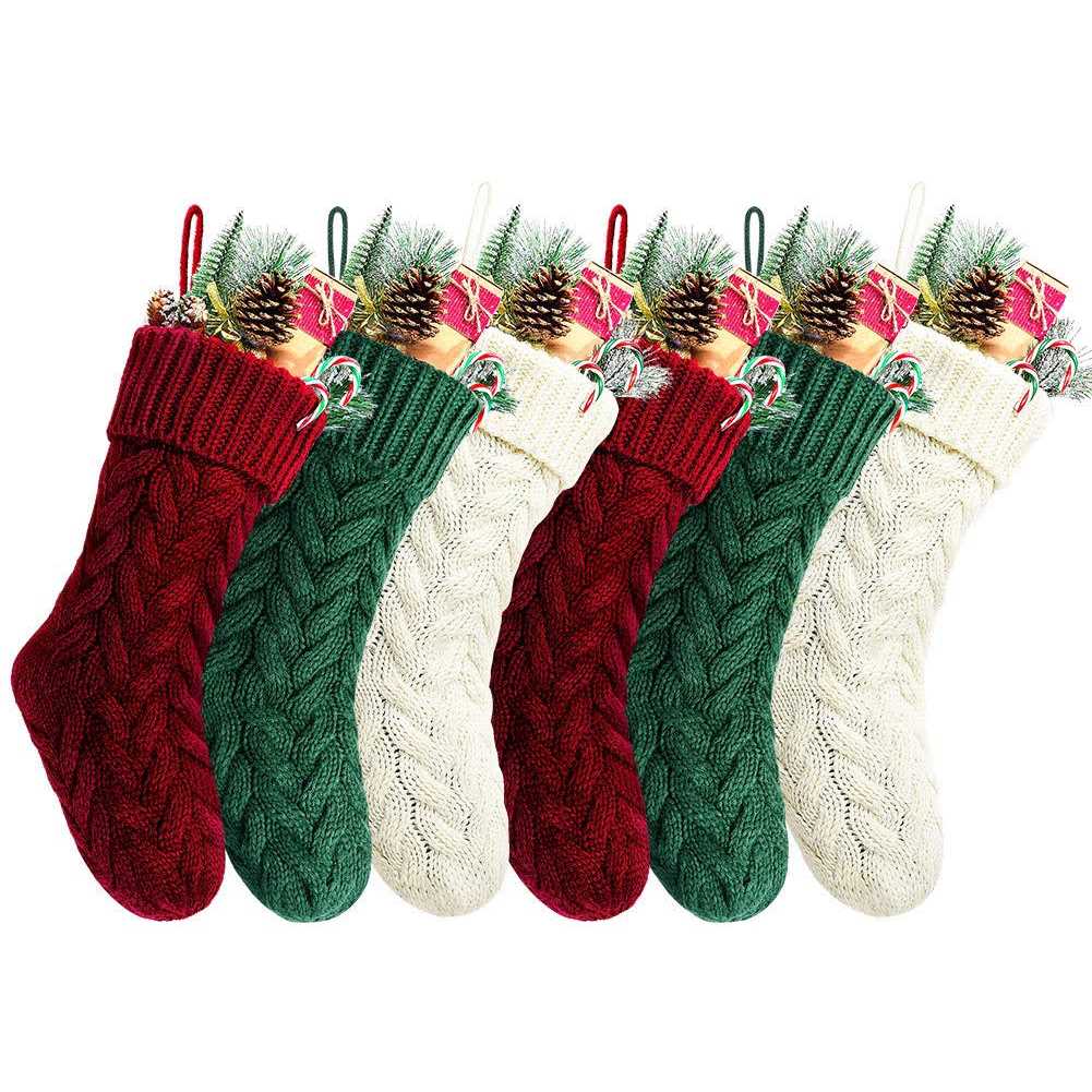 Kunyida Pack Unique Burgundy And Ivory White Knit Christmas Stockings