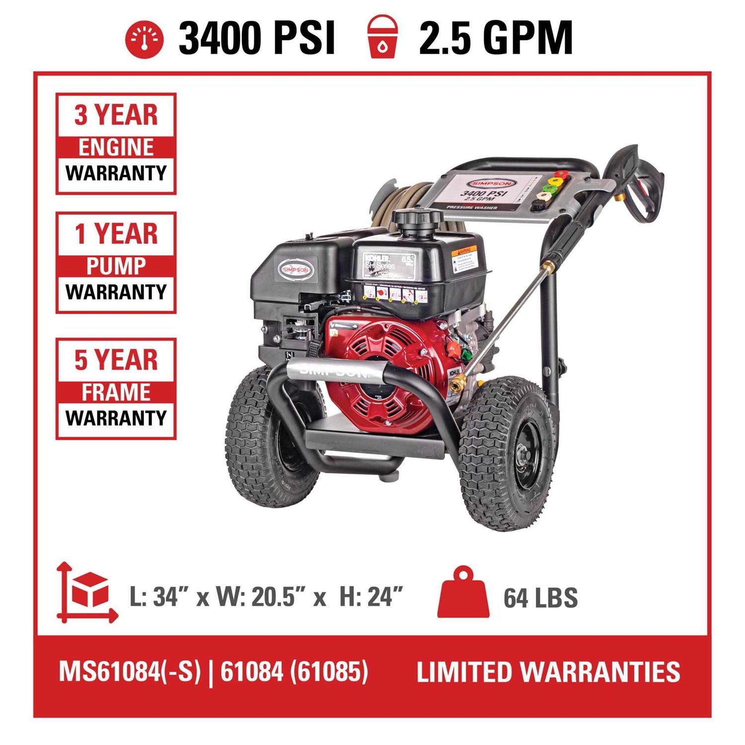 Simpson Megashot MS61085 3400 PSI Pressure Washer w/ Kohler Engine