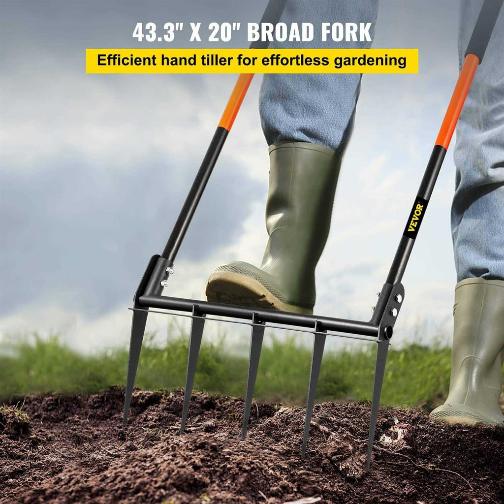 VEVOR Broad Fork Tool, 5 Tines 20 in Wide, Garden Tool with Fiberglass Handle for Gardening and Cultivating