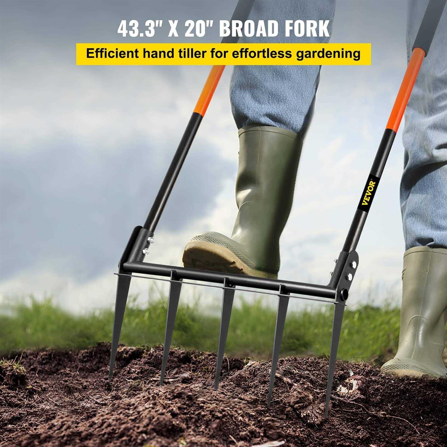 VEVOR Broad Fork Tool, 5 Tines 20 in Wide, Garden Tool with Fiberglass Handle for Gardening and Cultivating
