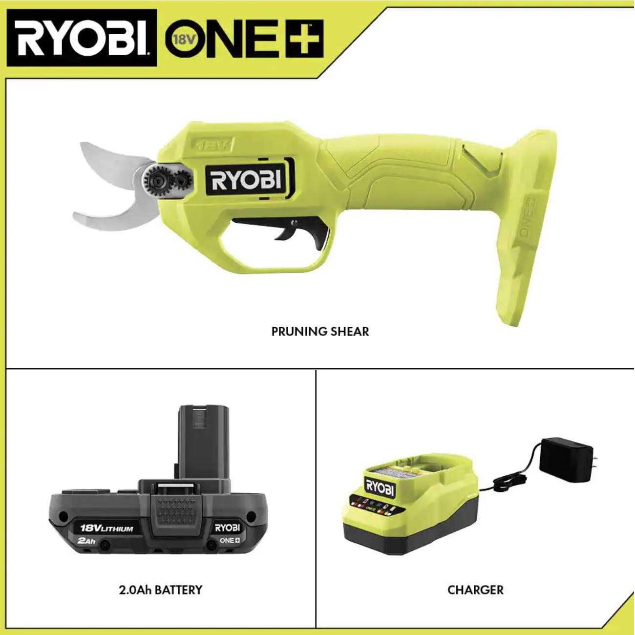 RYOBI ONE+ 18V Cordless Pruner with 2.0 Ah Battery and Charger