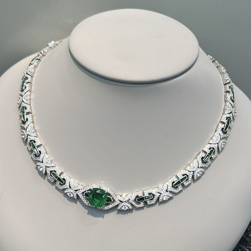 925 Silver Gold-Plated High Carbon Diamond Wood Green Inlaid Emerald Necklace