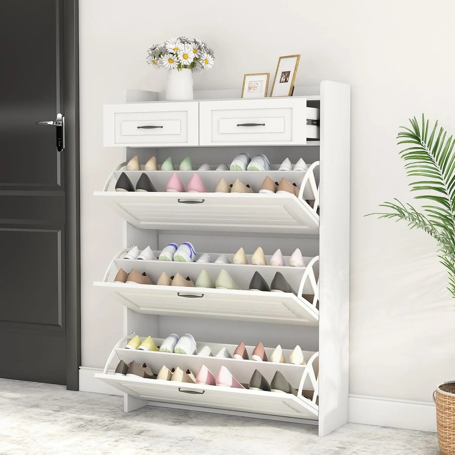 Shoe Cabinet with 3 Large Flip Drawers & 2 Storage Drawers, Narrow Shoe Organizer Cabinet Fits