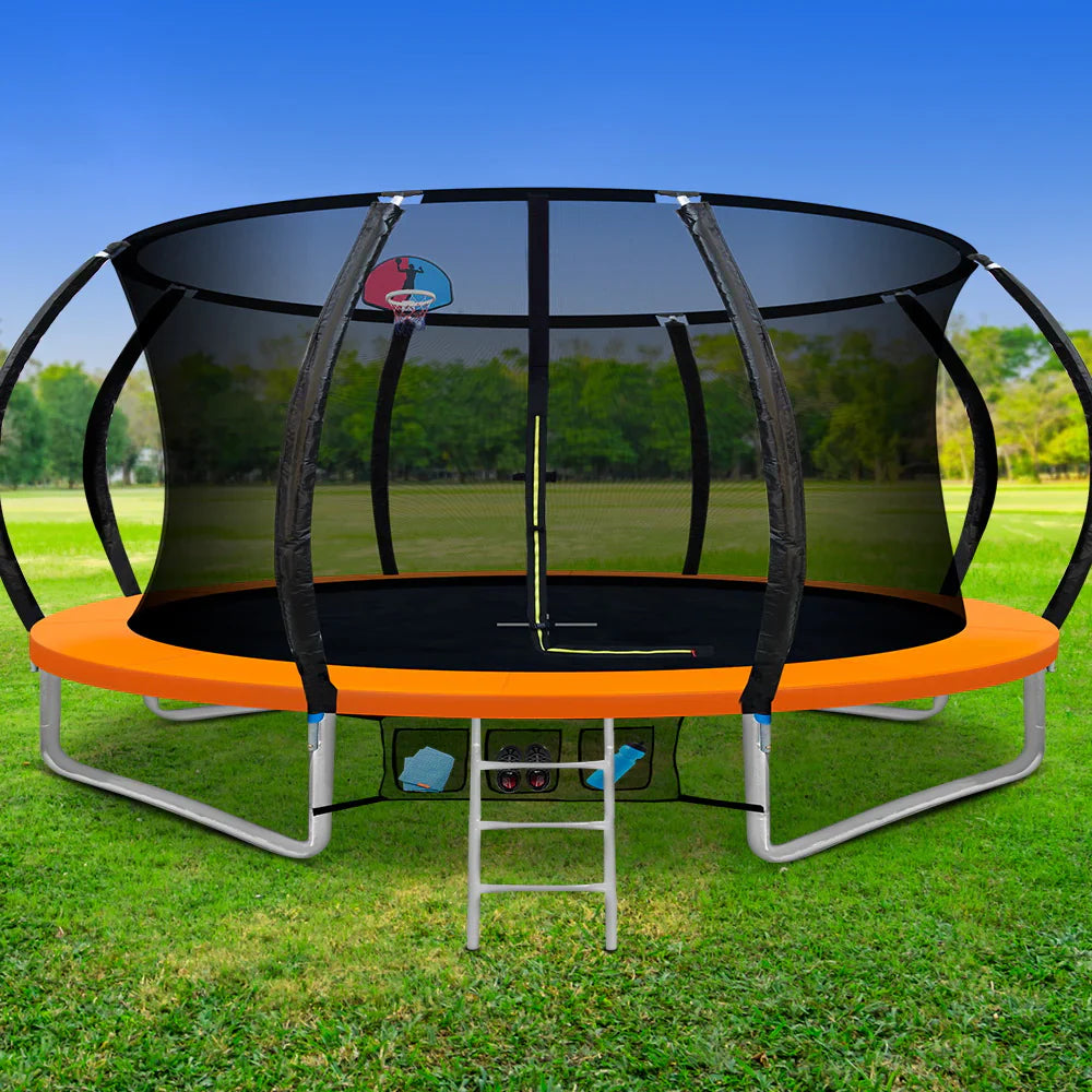 14ft Trampoline Kids Trampoline Rebounder w/ Ladder Basketball Hoop Orange