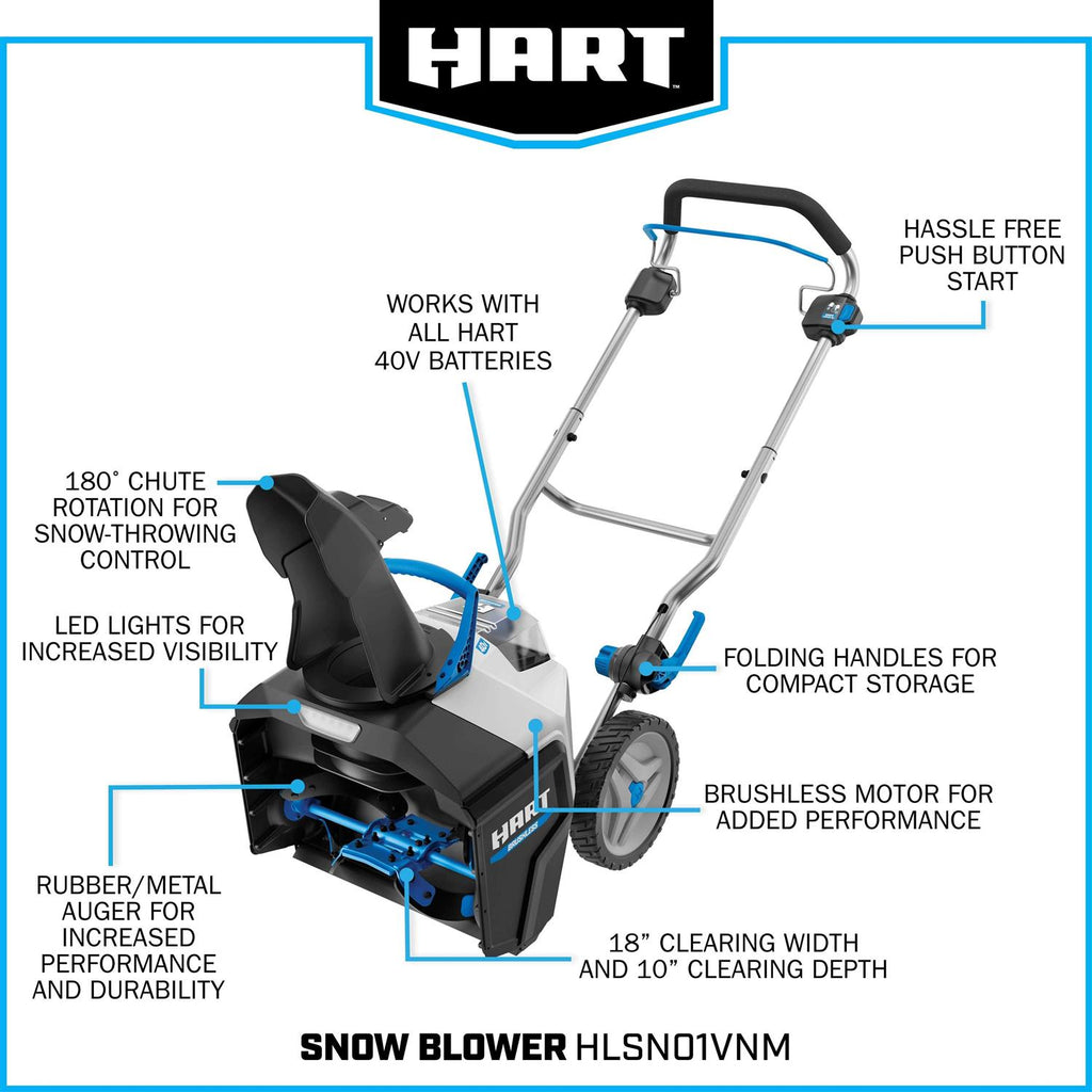 Hart 40-Volt 18-inch Battery-Powered Brushless Snow Thrower Kit