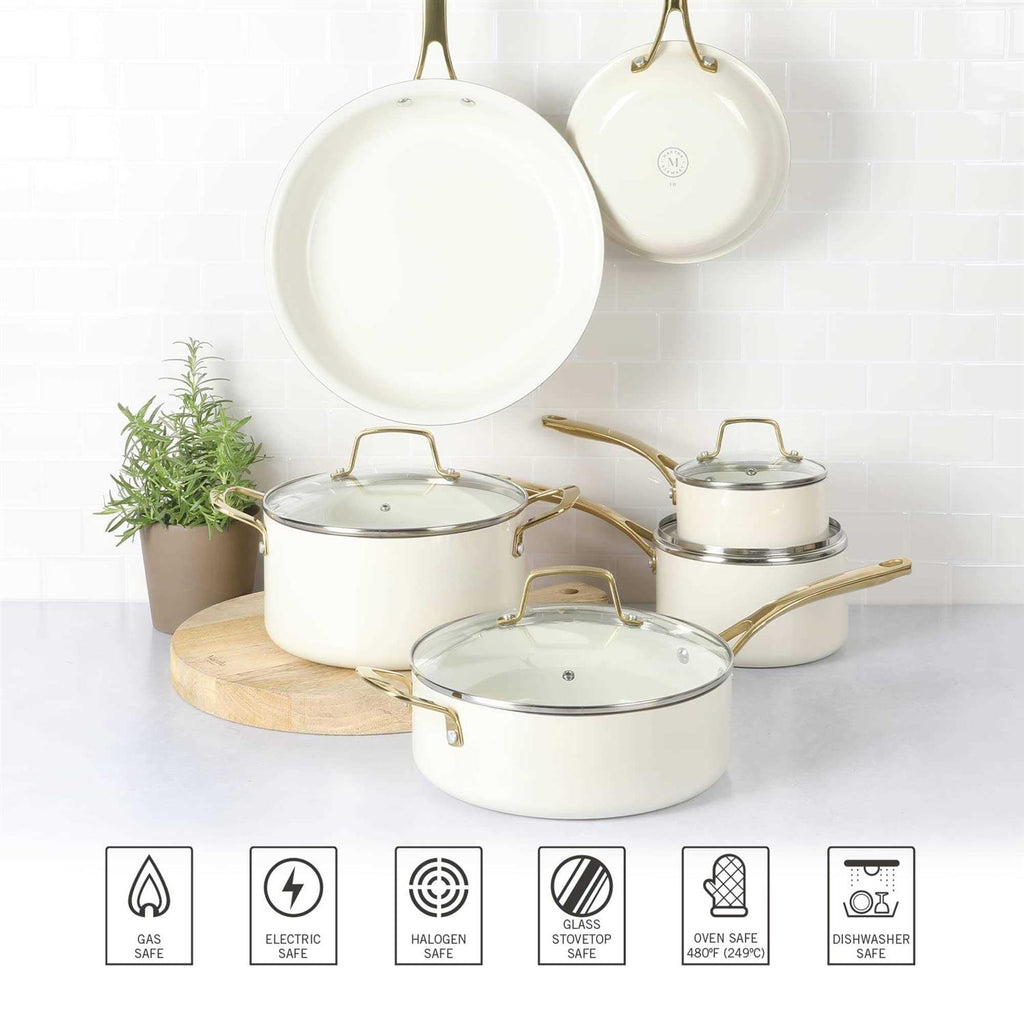 Martha Stewart Lockton Premium Nonstick PFA Free Ceramic Interior 10 Piece Enamel Heavy Gauge Aluminum Pots and Pans Cookware Set