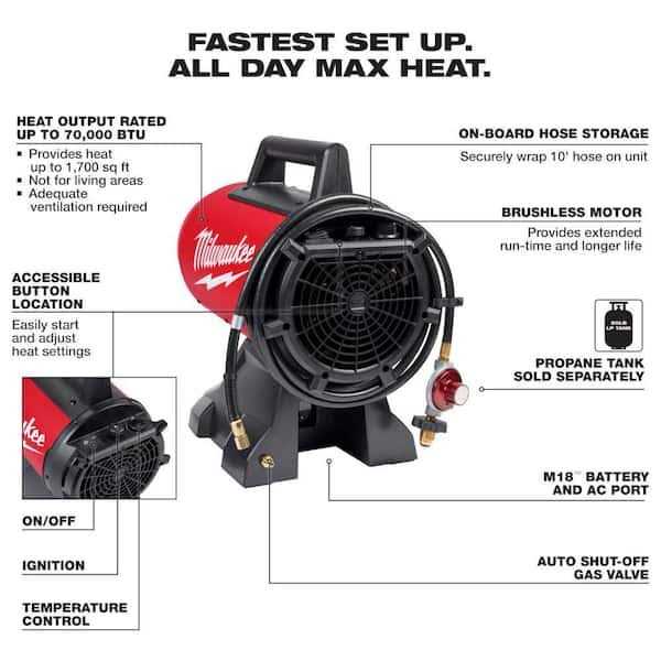 Milwaukee M18 70,000 BTU Forced Air Propane Heater with 5.0Ah Battery