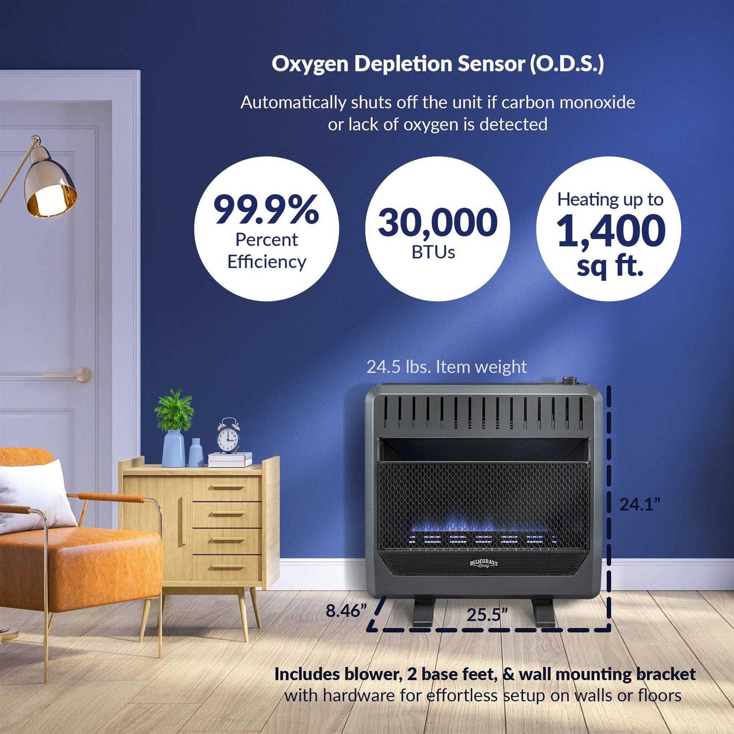 Bluegrass Living Propane Gas Vent Free Blue Flame Gas Space Heater with Blower and Base Feet B30TPB-BB