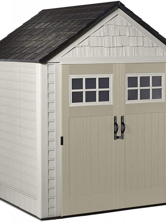 Rubbermaid 77 Ft Durable Weather Resistant Resin Outdoor Garden Storage Shed with Windows and Utility Hooks, Sand