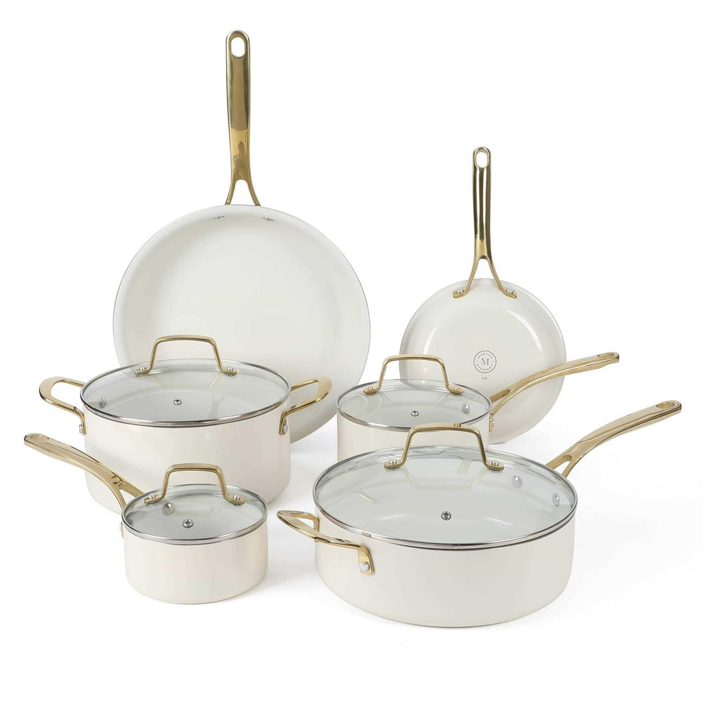 Martha Stewart Lockton Premium Nonstick PFA Free Ceramic Interior 10 Piece Enamel Heavy Gauge Aluminum Pots and Pans Cookware Set