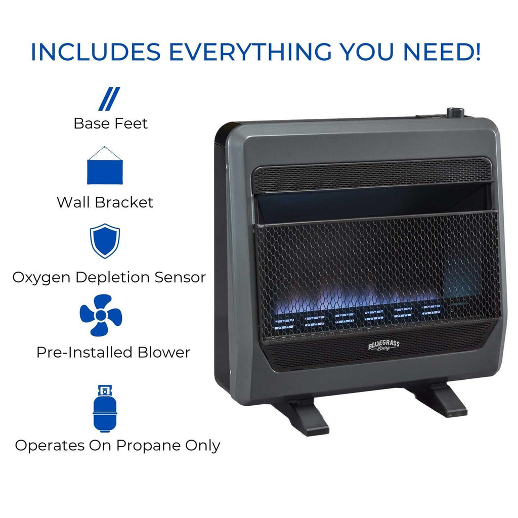 Bluegrass Living Propane Gas Vent Free Blue Flame Gas Space Heater with Blower and Base Feet B30TPB-BB
