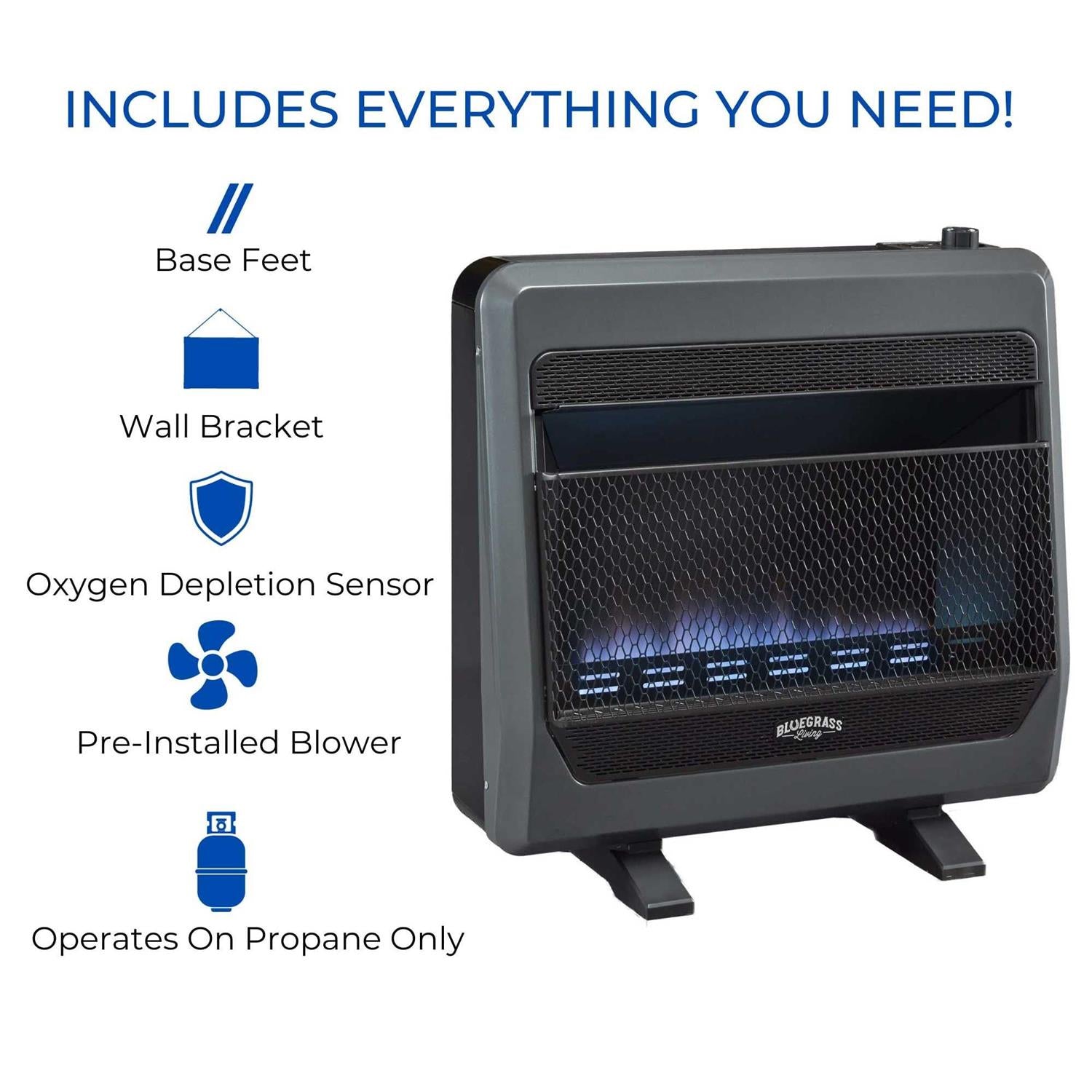 Bluegrass Living Propane Gas Vent Free Blue Flame Gas Space Heater with Blower and Base Feet B30TPB-BB
