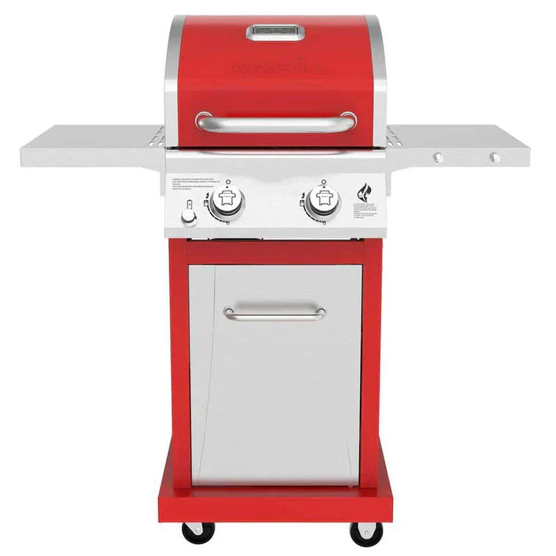 2-Burner Propane Gas Grill, Red  Stainless Steel, 28,000 BTUs, Compact Design