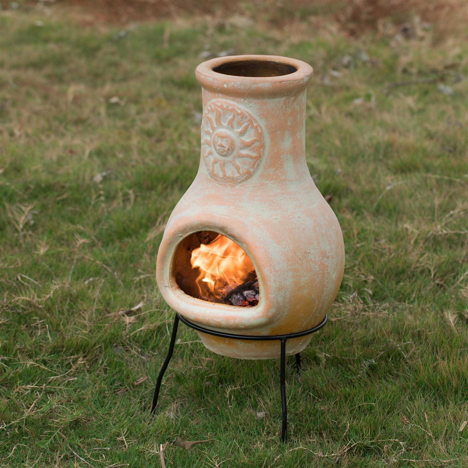Outdoor Beige Clay Chiminea Outdoor Fireplace Sun Design Charcoal Burning Fire Pit with Sturdy Metal Stand