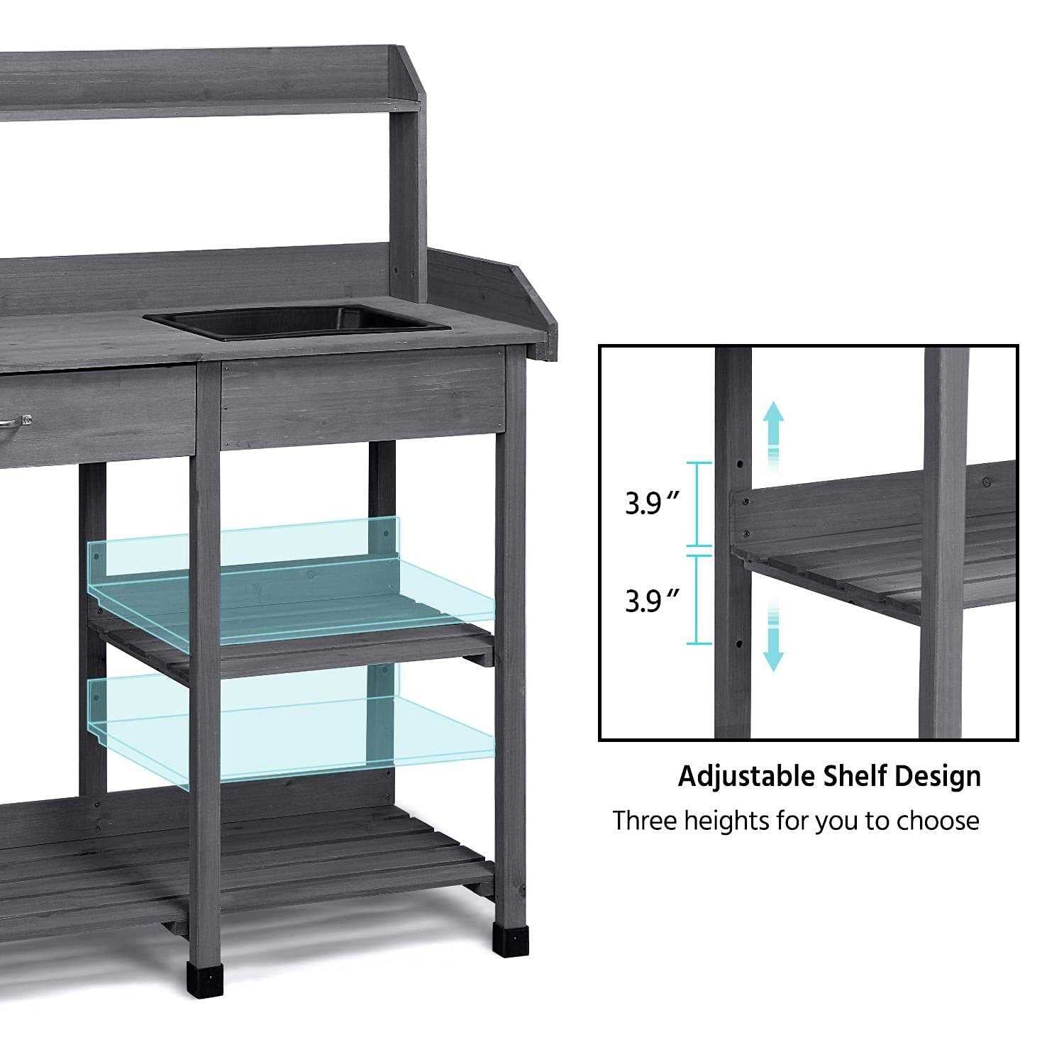 Yaheetech Outdoor Potting Bench Table Potters Benches Garden Work Bench Station Workstation with Drawer/Adjustable Shelf Rack/removable Sink/hooks/pad