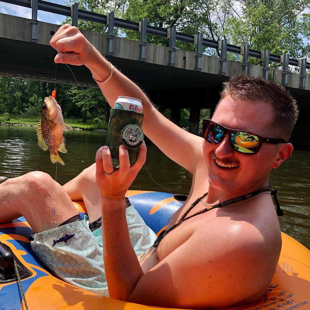 Chill-N-Reel Fishing Can Cooler Hard Shell Drink Holder with Hand Line Reel Attached