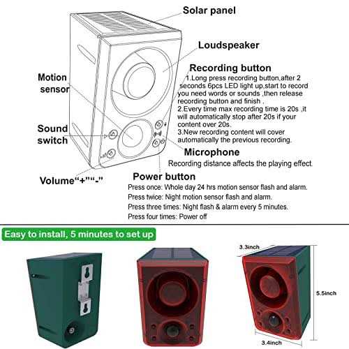 Solar Outdoor Motion Sensor Alarm Dog Barking & Gunshot Sound 130db Motion Detector Alarm Light,with Remote Controller for Home