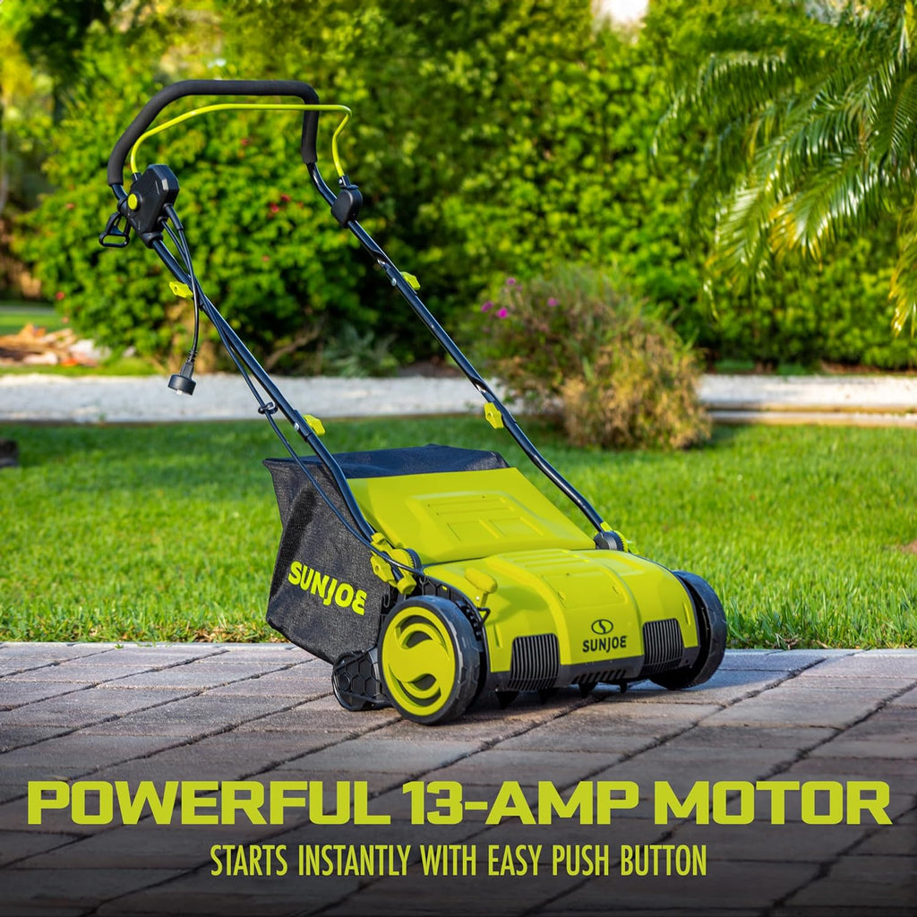 AJ805E 15-Inch 13-Amp Electric Dethatcher and Scarifier w/Removeable 13.2-Gal Collection Bag, 5-Position Height Adjustment, Airboost Technology Increases Lawn Health, Green