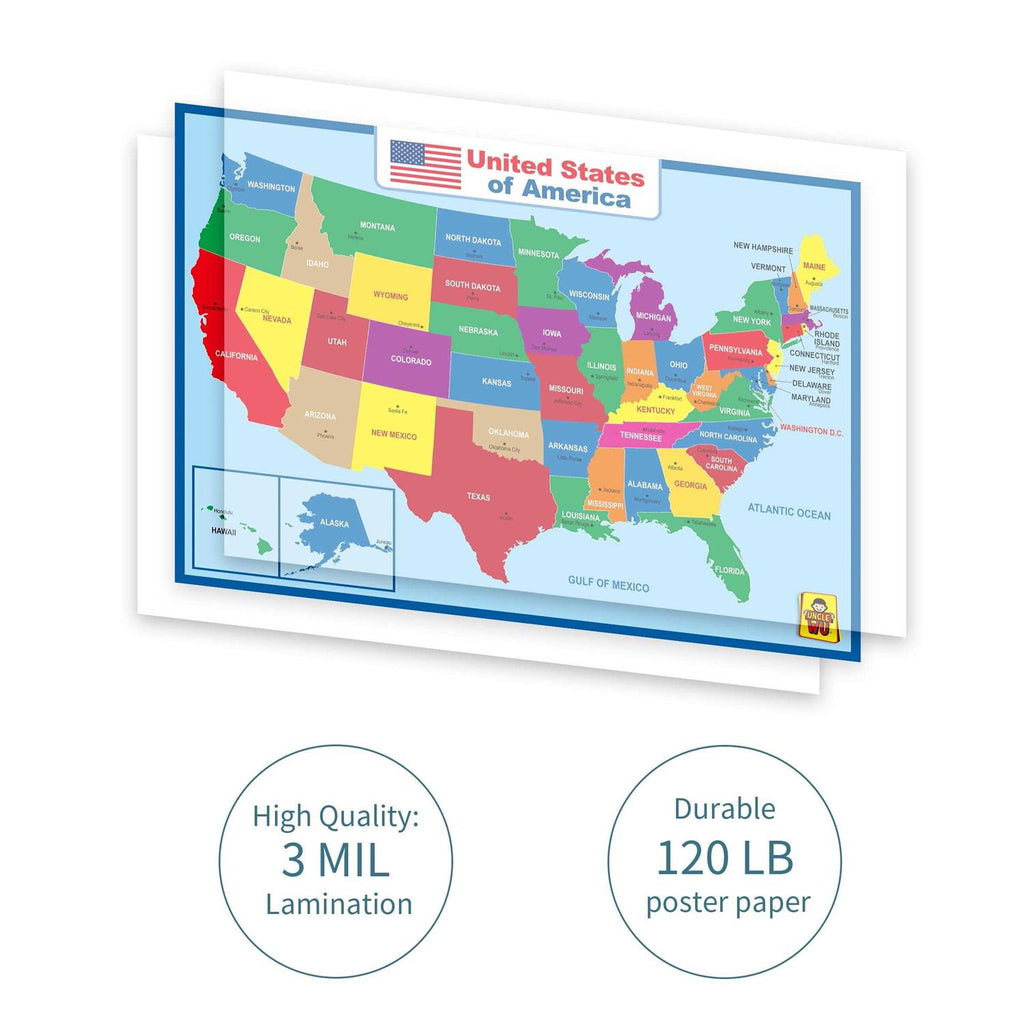 Uncle Wu United State Map Laminated Poster -Double Side Educational Poster For Kids/Adults