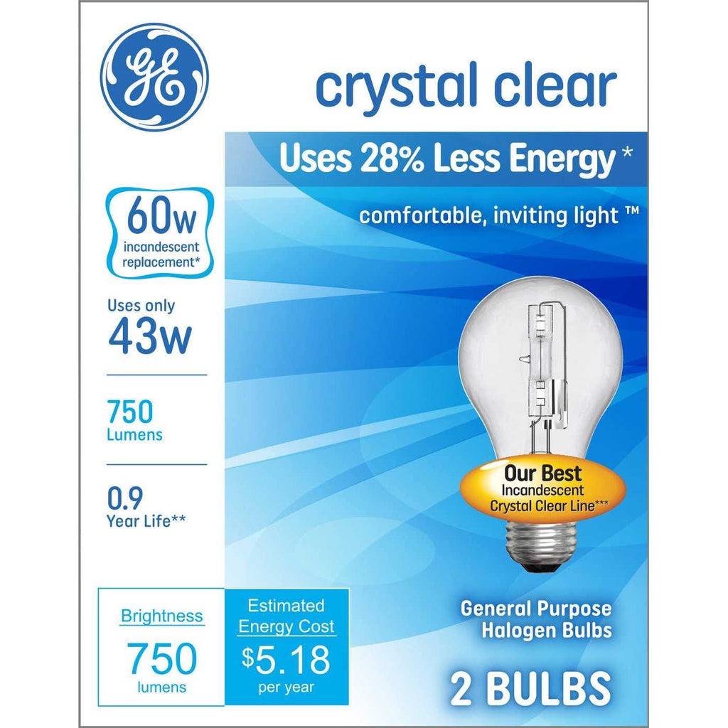 GE Crystal Clear 60W 750 Lumens Energy Efficient General Purpose Halogen Bulbs L-04
