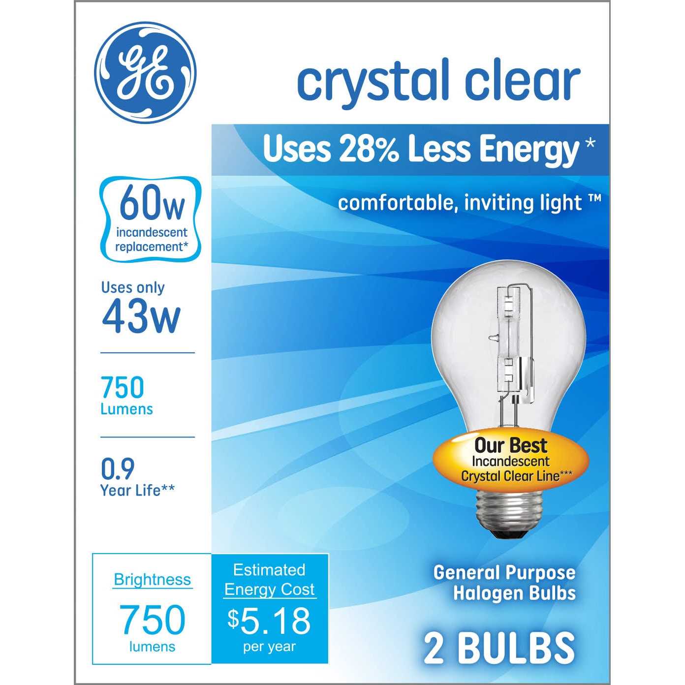 GE Crystal Clear 60W 750 Lumens Energy Efficient General Purpose Halogen Bulbs L-04