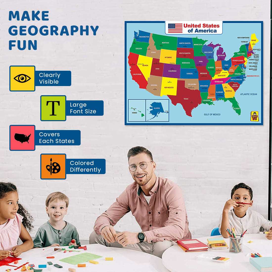 Uncle Wu United State Map Laminated Poster -Double Side Educational Poster For Kids/Adults