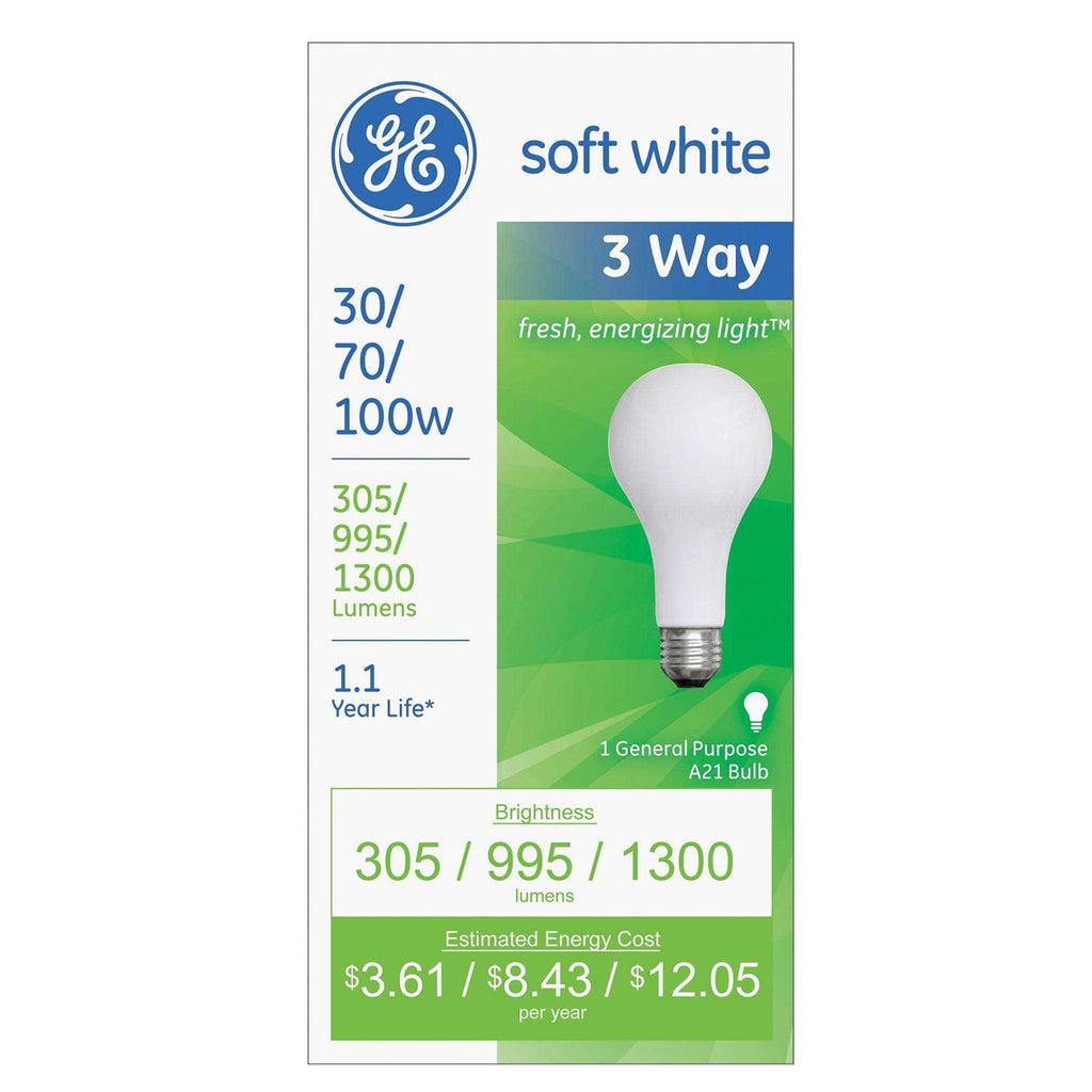 GE 3 Way Light Bulb, Soft White, 30/70/100 Watts