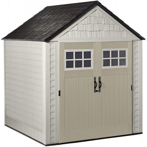 Rubbermaid 77 Ft Durable Weather Resistant Resin Outdoor Garden Storage Shed with Windows and Utility Hooks, Sand