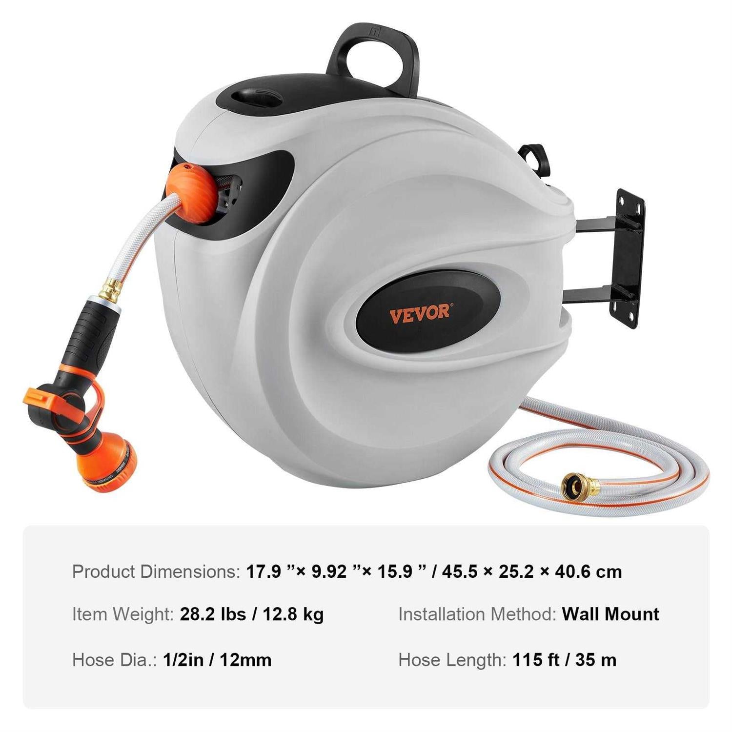 Retractable Plastic Wall Mounted Hose Reel with Automatic Rewind VEVOR