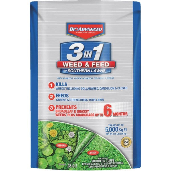 BioAdvanced 3-In-1 Weed & Feed For Southern Lawns 12.5 Lb. 5000 Sq. Ft. 35-0-3 Lawn Fertilizer with Weed Killer