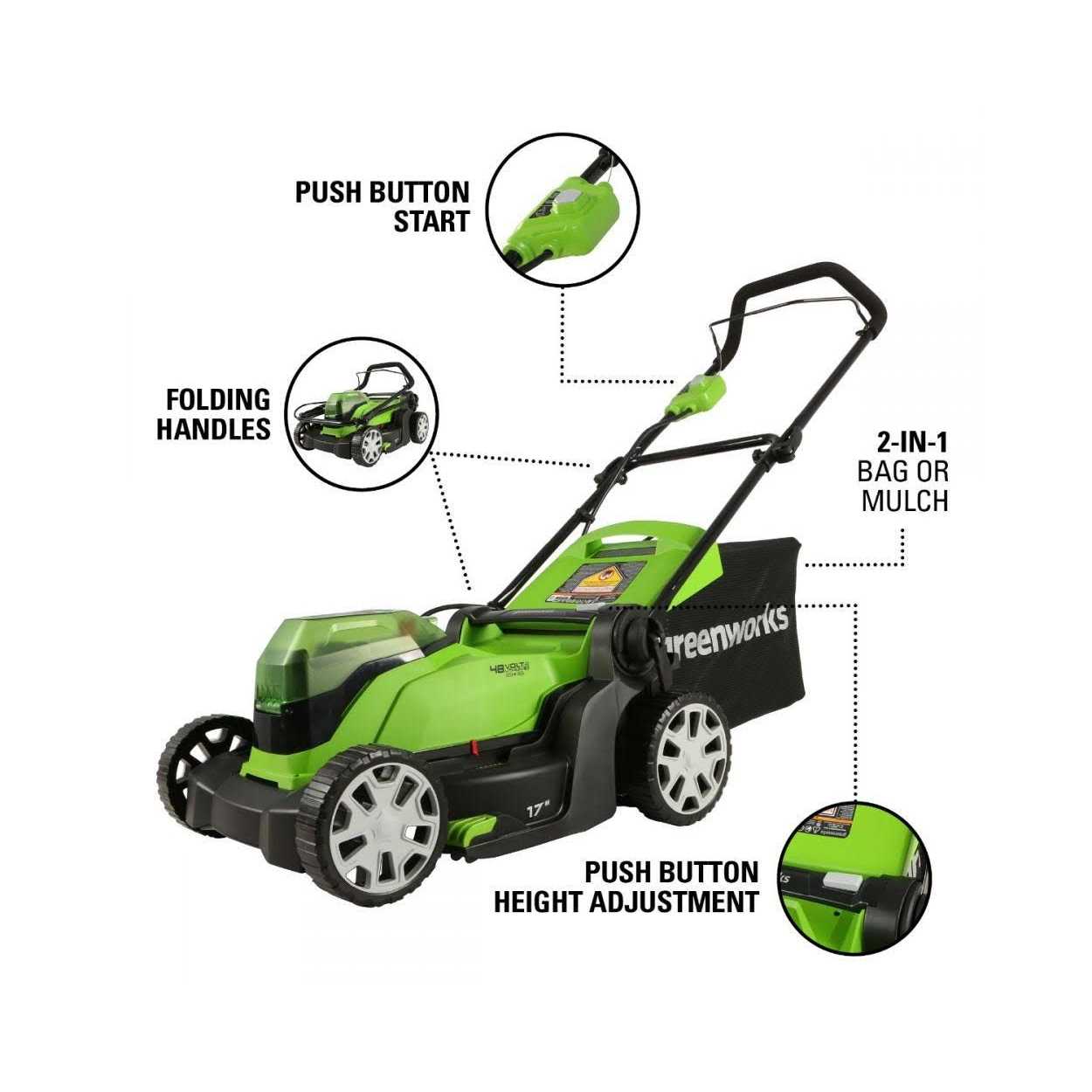 Greenworks 48V 17 in. Lawn Mower, 2 x 4Ah Batteries and Dual Port Charger Included