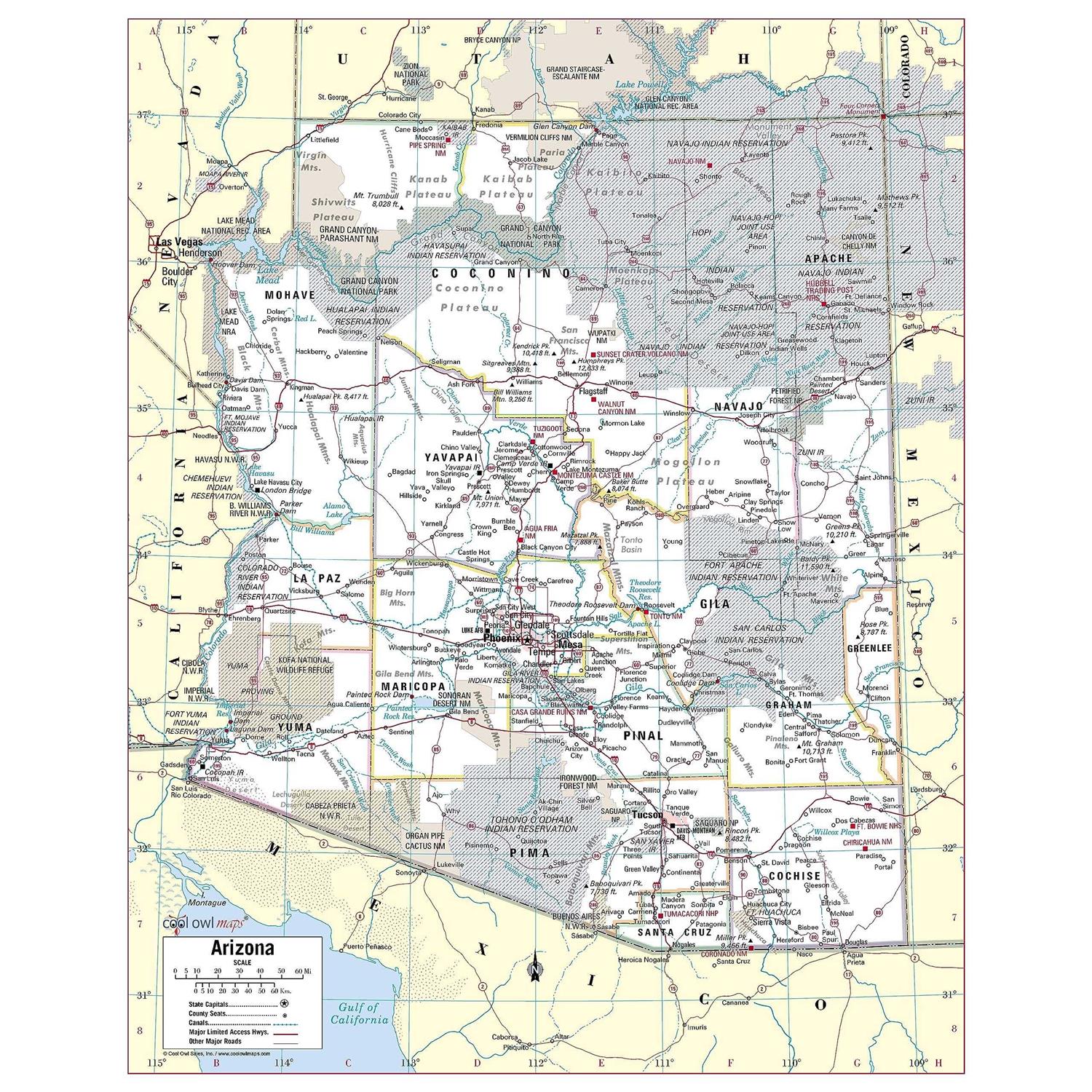 Cool Owl Maps Arizona State Wall Map Poster Rolled