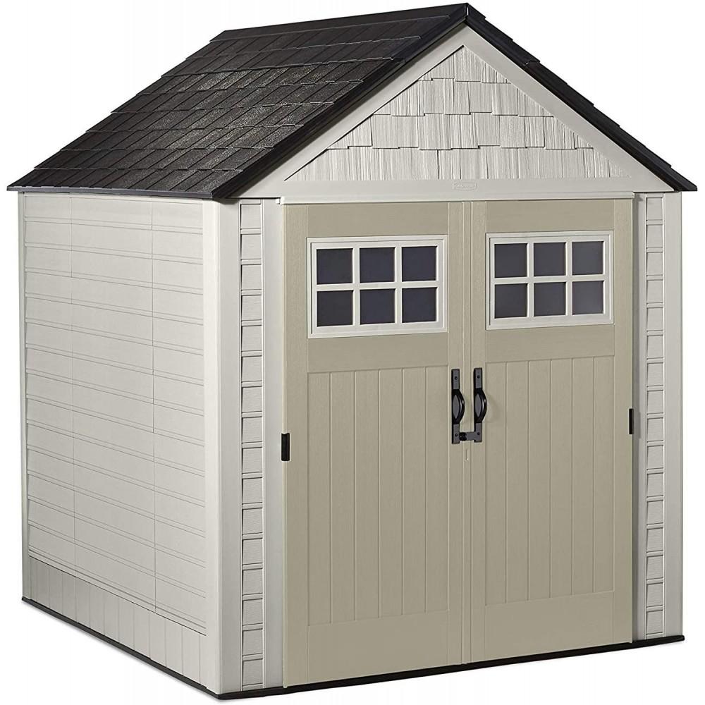 Rubbermaid 77 Ft Durable Weather Resistant Resin Outdoor Garden Storage Shed with Windows and Utility Hooks, Sand