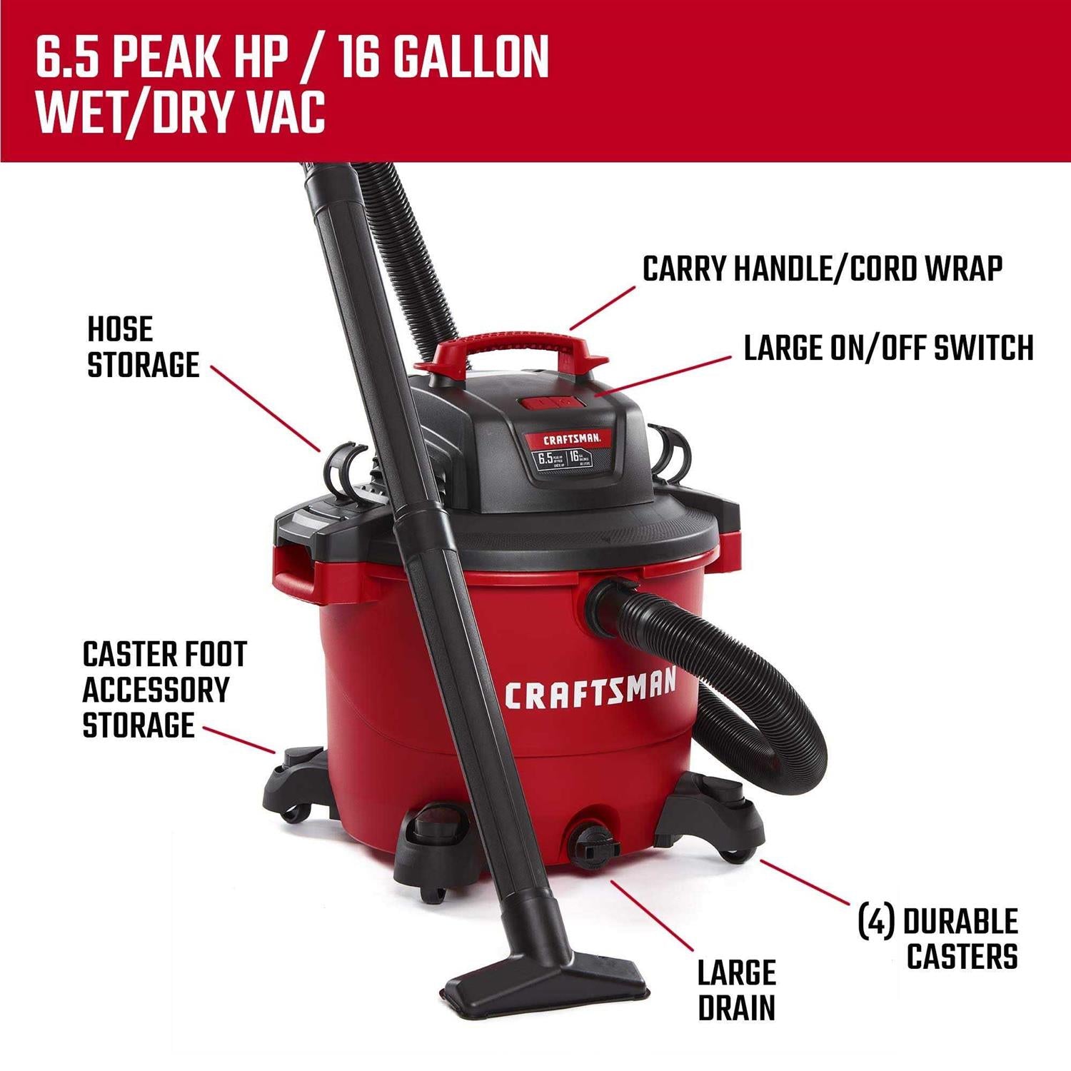 Craftsman CMXEVBE17595 16 Gallon 6.5 Peak HP Wet/Dry Vacuum