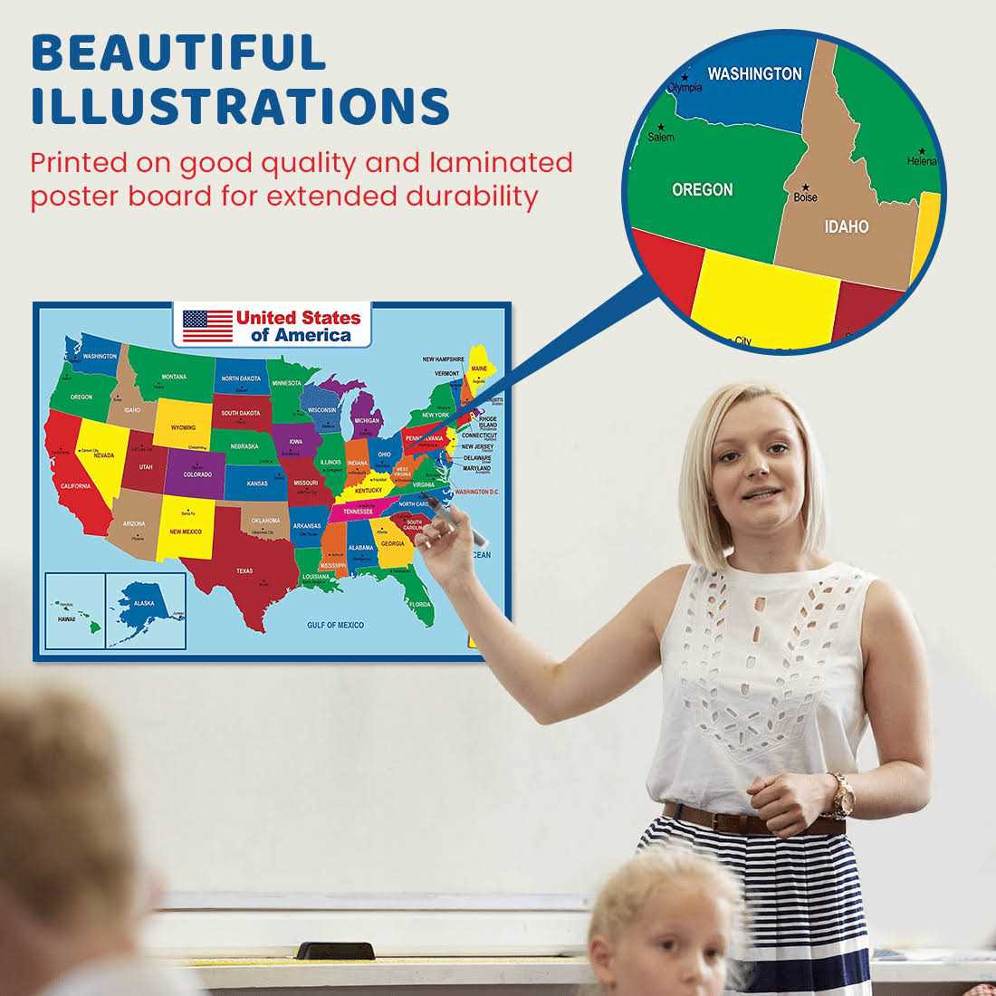 Uncle Wu United State Map Laminated Poster -Double Side Educational Poster For Kids/Adults